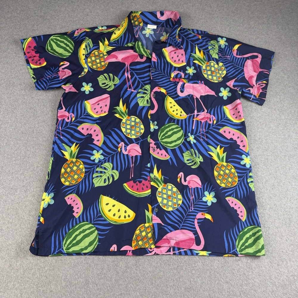 King Kameha Hawaiian Aloha Shirt L Flamingo Pineapple Watermelon Tropical